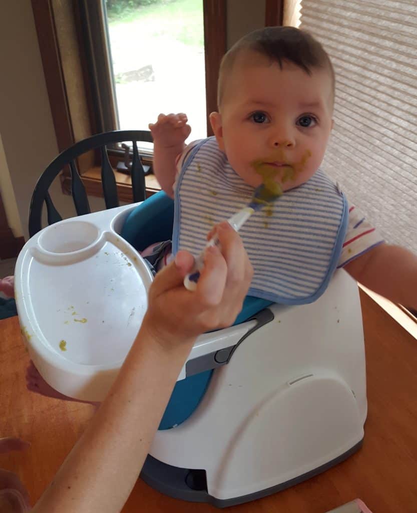 baby in chair with tray being fed puree