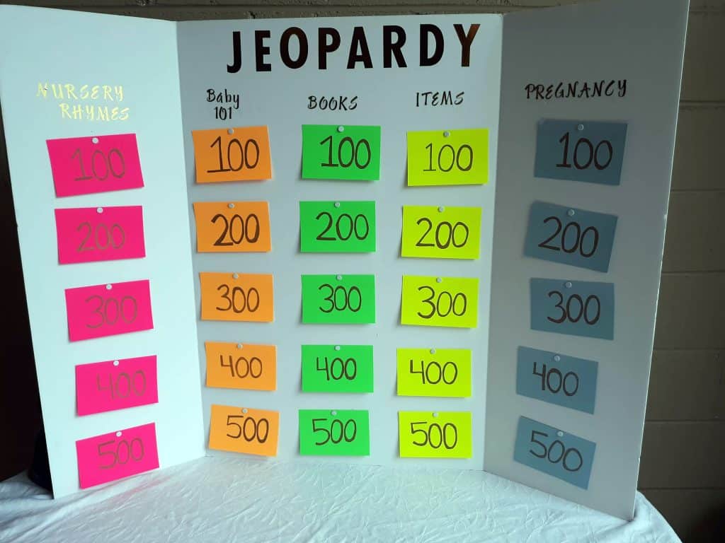 tri-fold Jeopardy board with colored index cards marked with point values