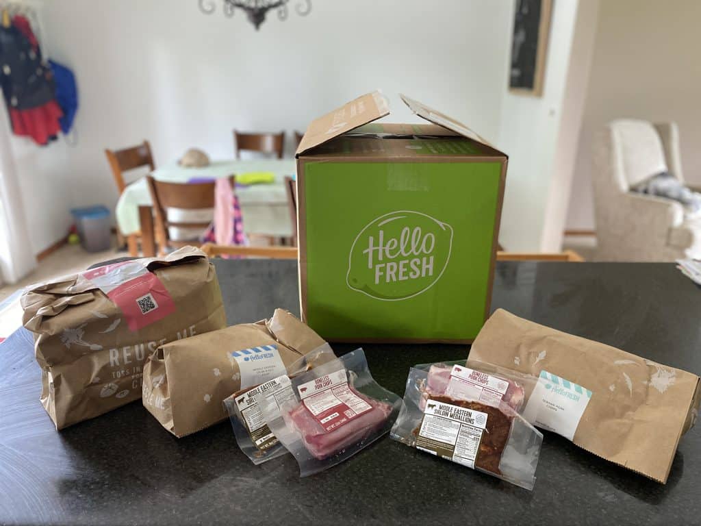 The food items from a Hello Fresh box displayed