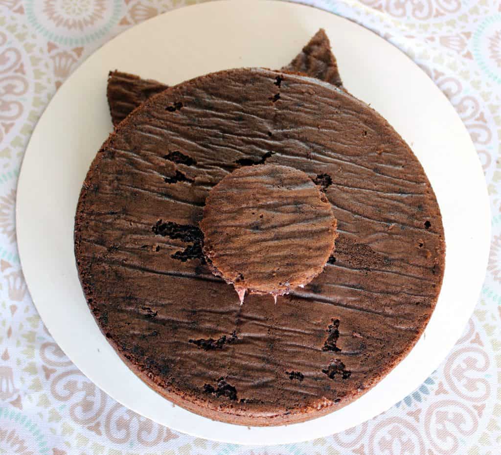 assembled chocolate pig cake on white cake board