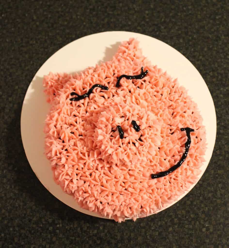 pig cake - face of a pig with pink frosting and black gel for the mouth, snout openings, and eyes
