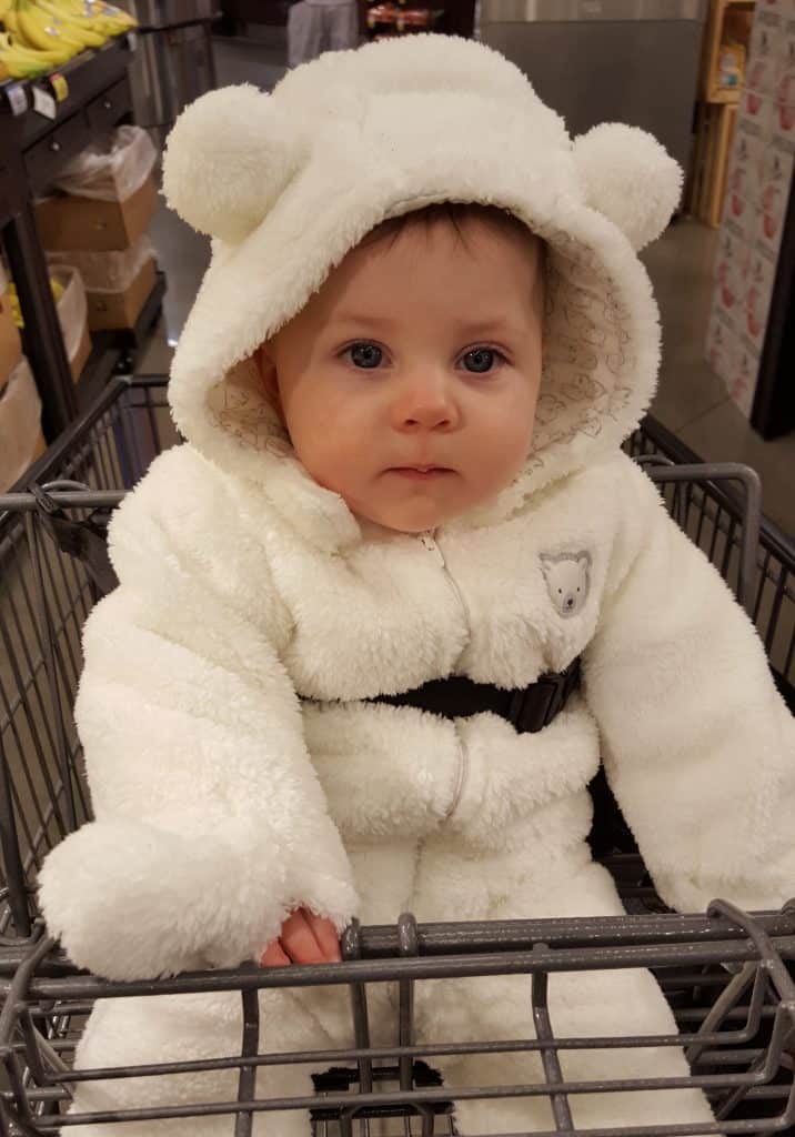 baby in white winter bunting with ears on hood sitting in shopping cart