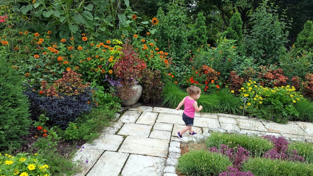 Toddler running on a path through a garden