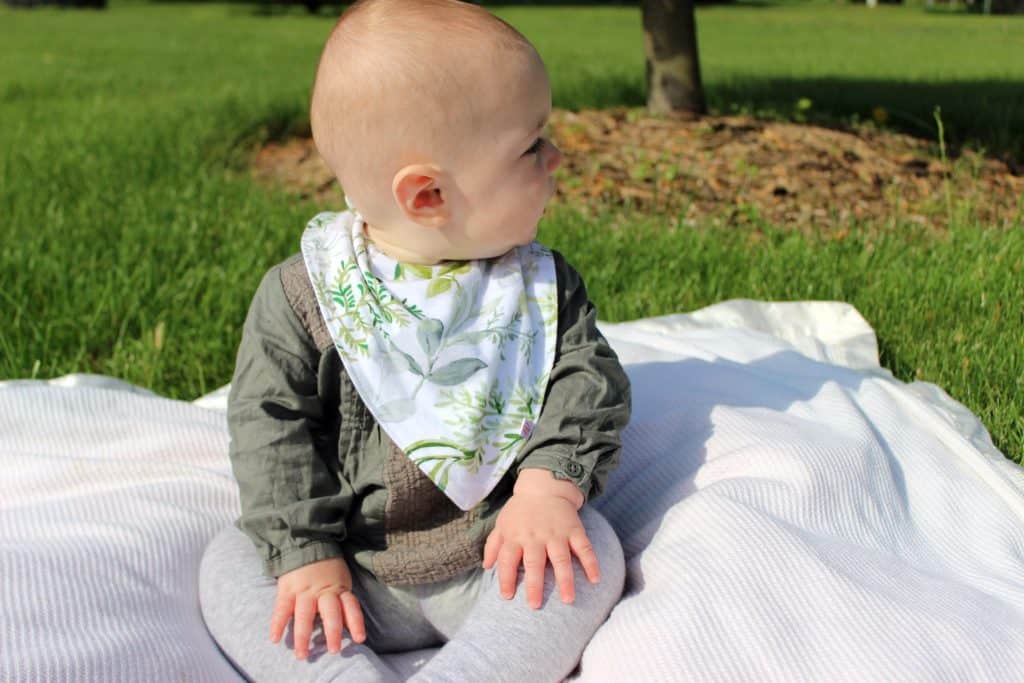 baby sitting on a blanket outside wearing a drool bib