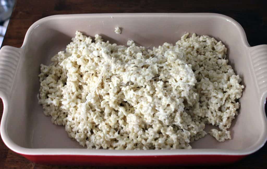 rice krispie treat mixture mounded in 9x13