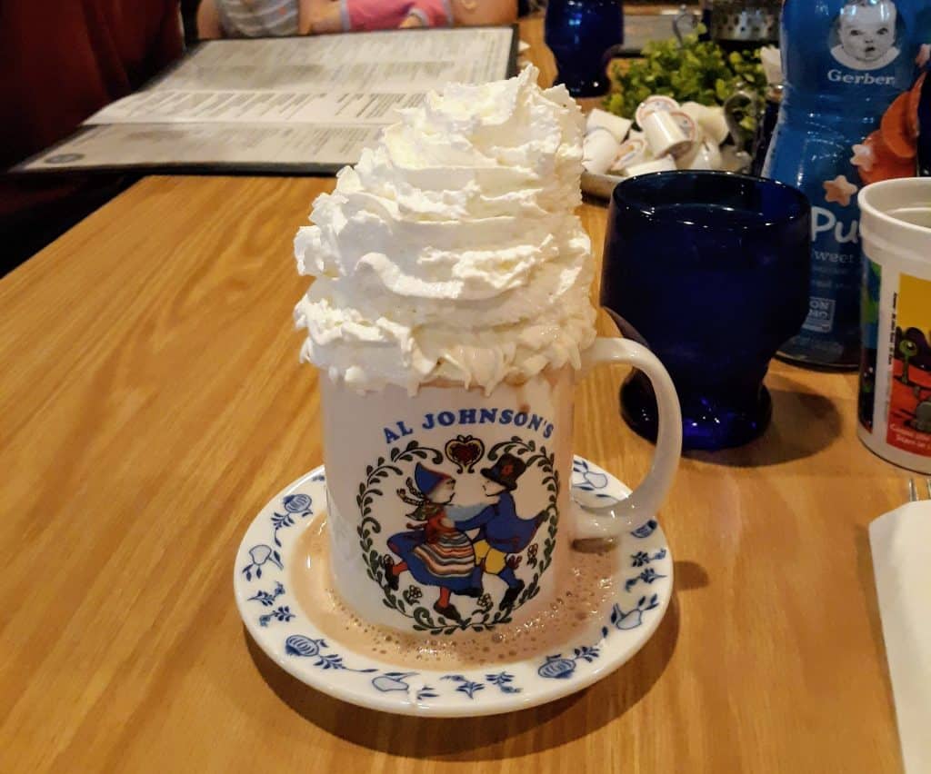 Al Johnson's hot chocolate with a lot of whipped cream