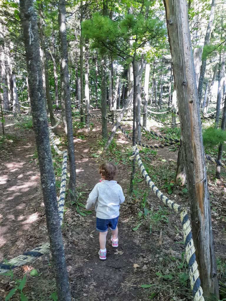 toddler going through wooded ropes course