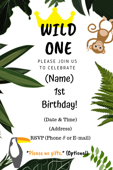 wild one birthday invitation with white background, black text, and green plant designs