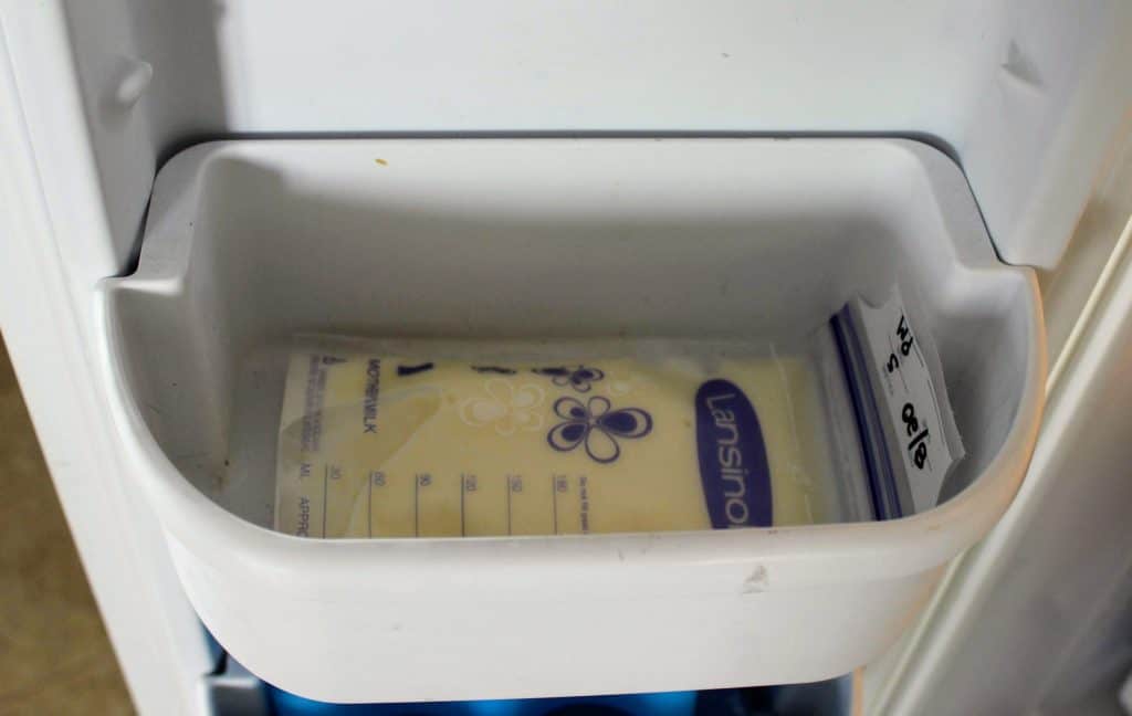 breastmilk storage bag laying flat in freezer door shelf