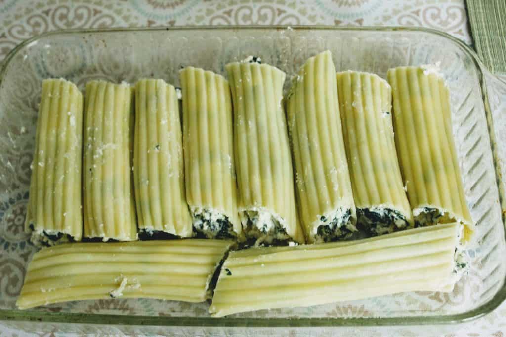 manicotti noodles stuffed with a ricotta spinach mixture