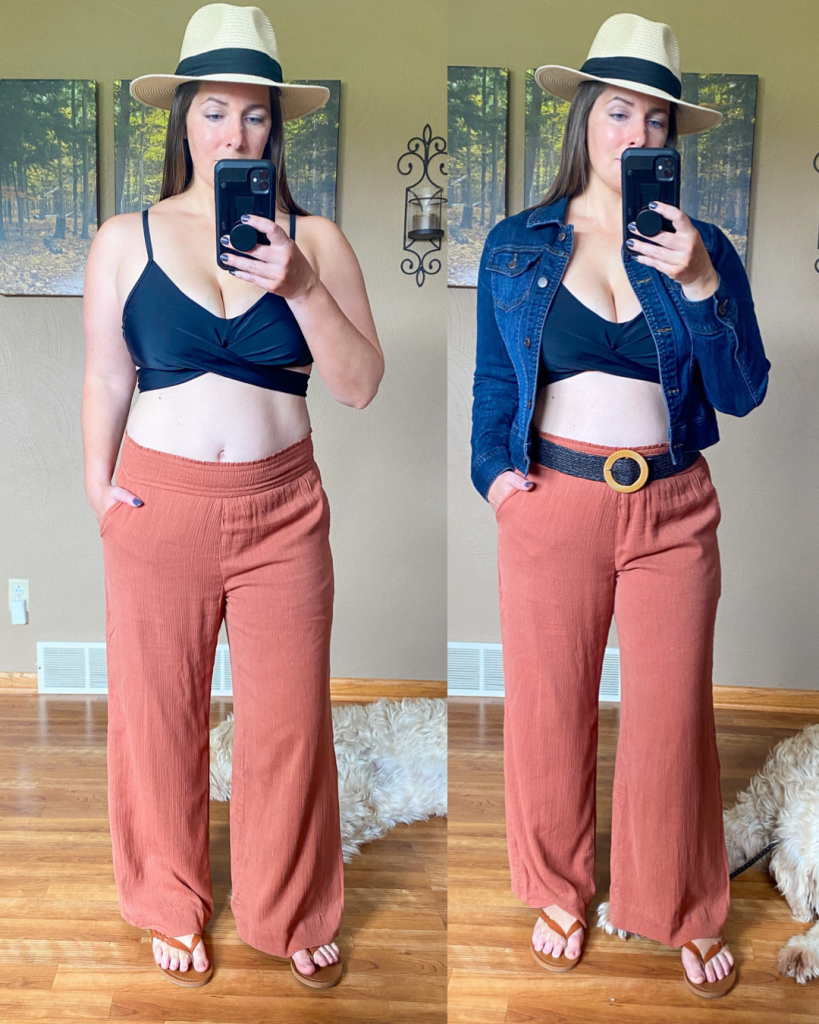author in bikini top and wide leg pants also shown with a jean jacket and belt