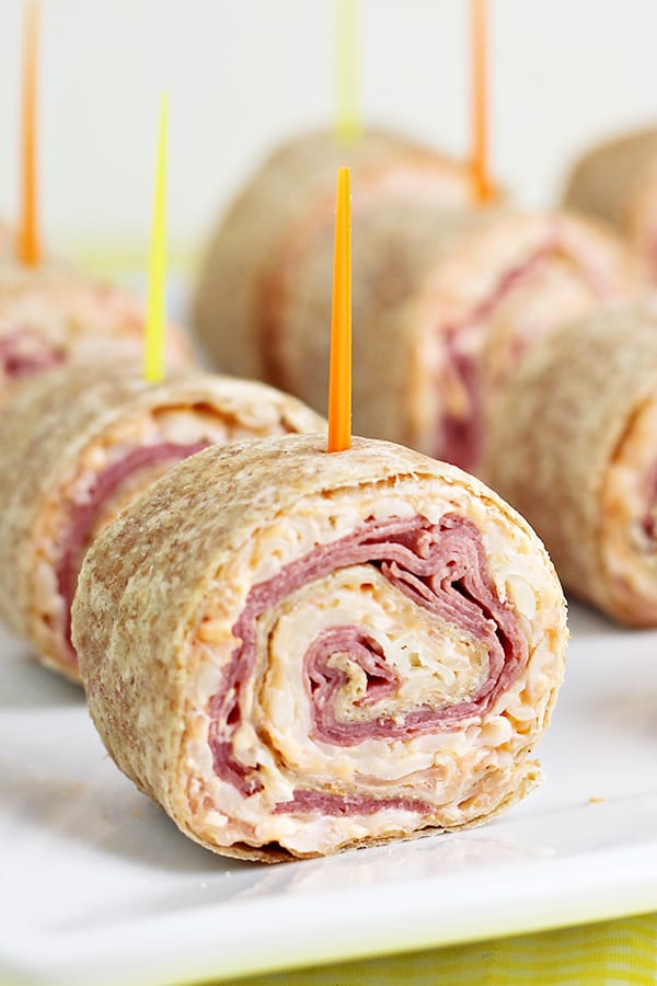 reuben tortilla pinwheels held together with toothpicks