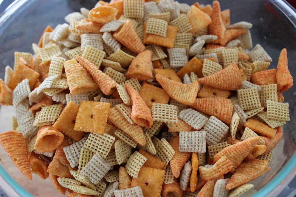 bowl of Chex cereals and other Chex Mix add-ins