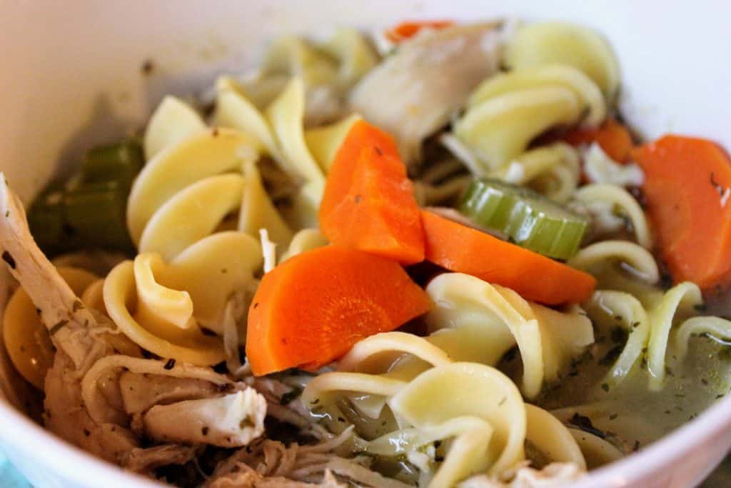 close-up of chicken noodle soup