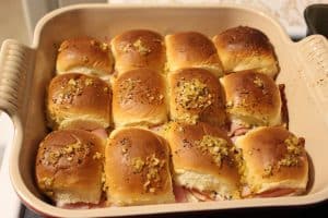 A 9x9 pan full of ham and cheese sliders