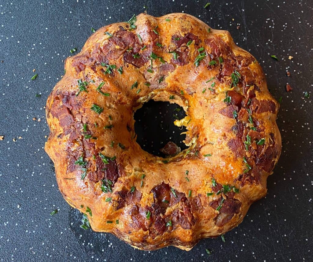 Bacon Egg and Cheese Bread cooked in a bundt pan