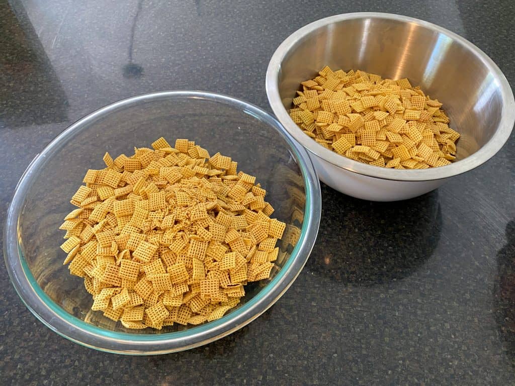 cereal divided into two large mixing bowls