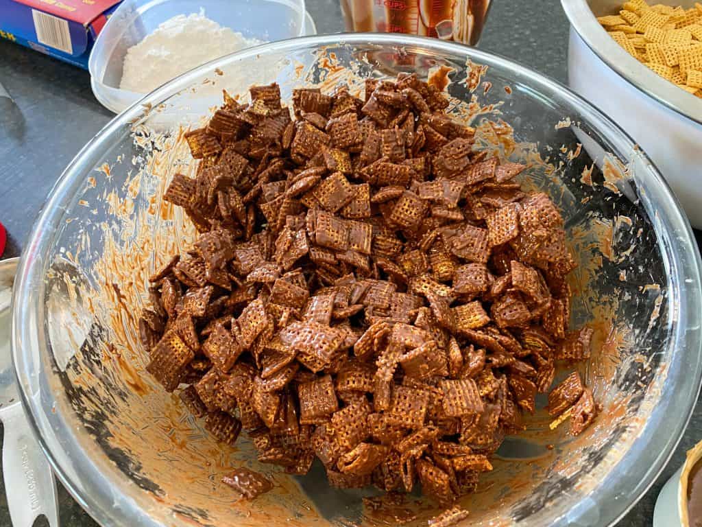 Chex cereal covered in melted chocolate