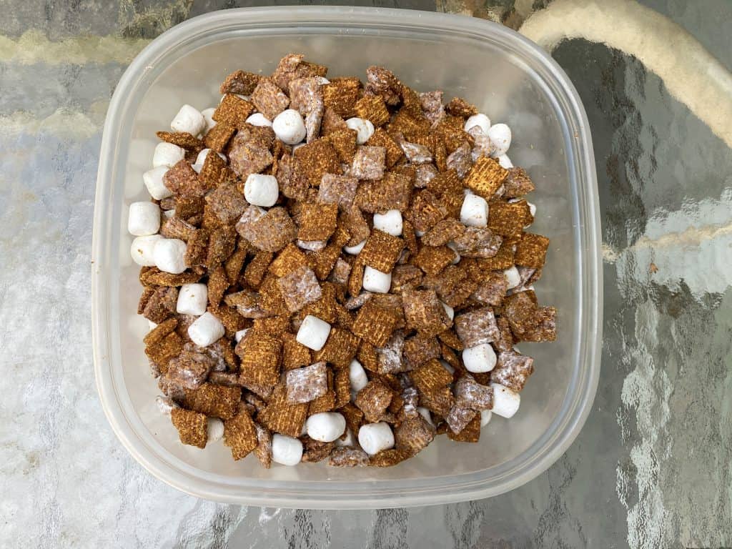 storage container filled with s'more puppy chow