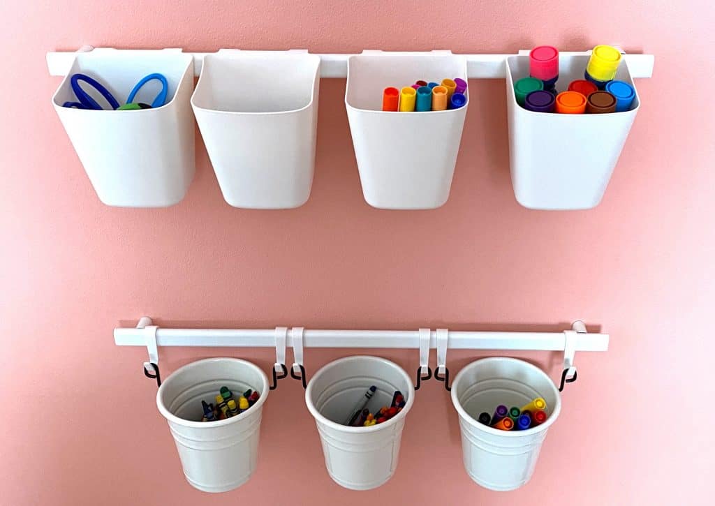 art supplies organized in hanging containers