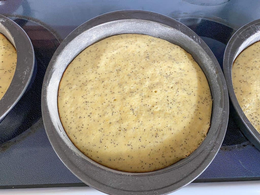 lemon poppy seed cake in a round cake pan