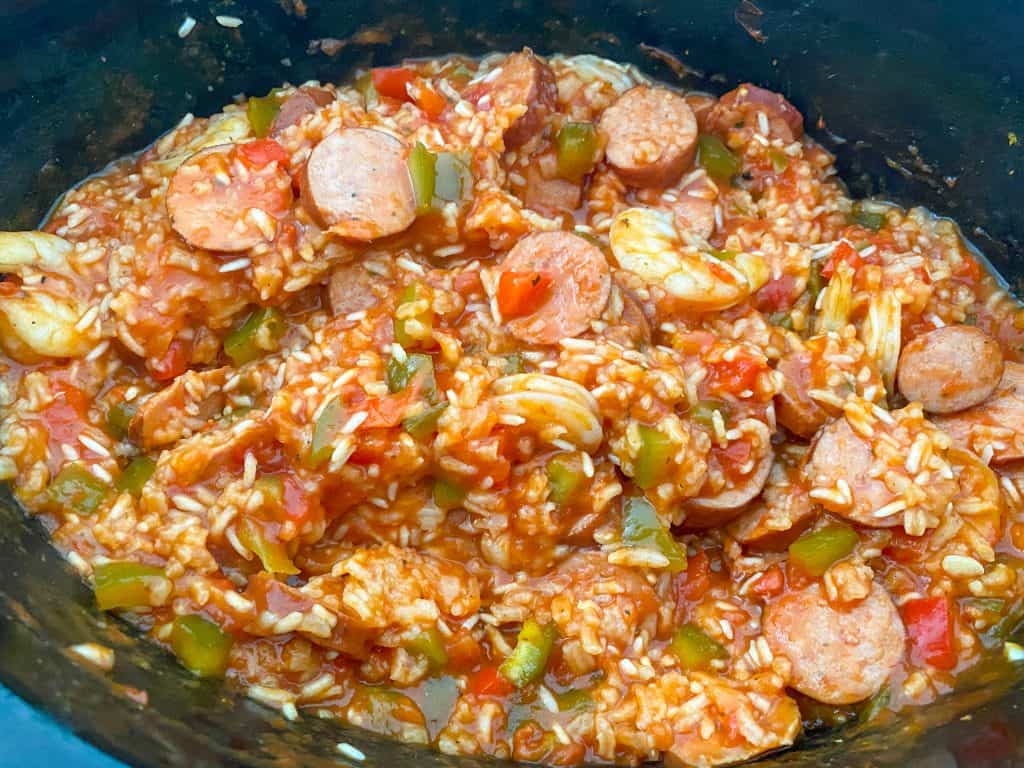 close up of jambalaya in slow cooker