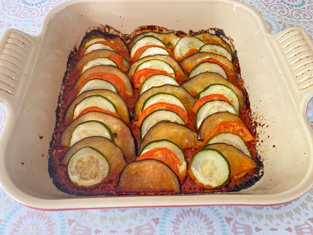 9x9 pan filled with cooked ratatouille