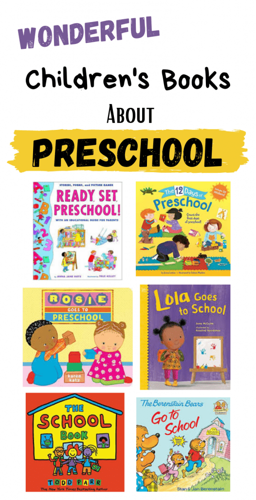 pin image "Children's Books About Preschool" with images of book covers