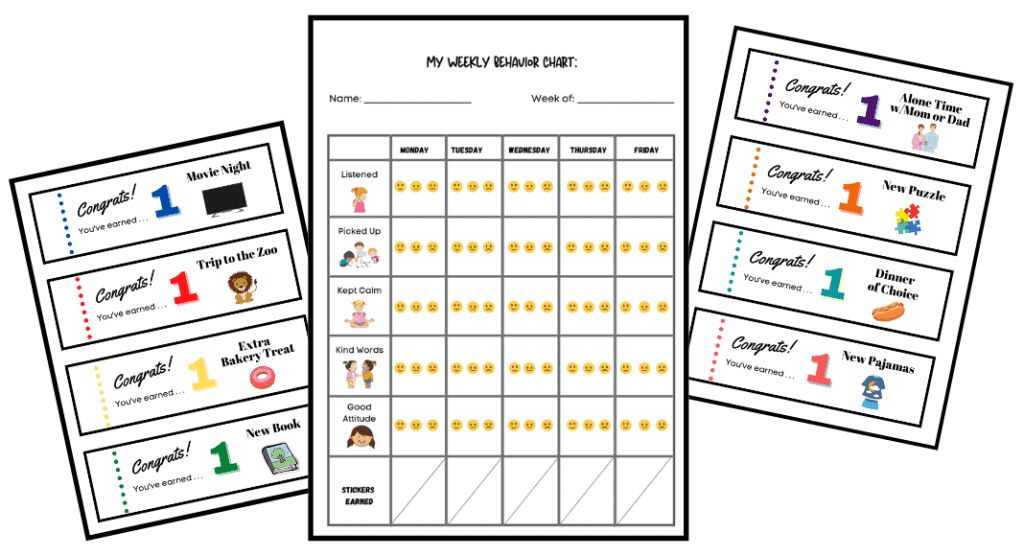 behavior chart and two pages of rewards coupons