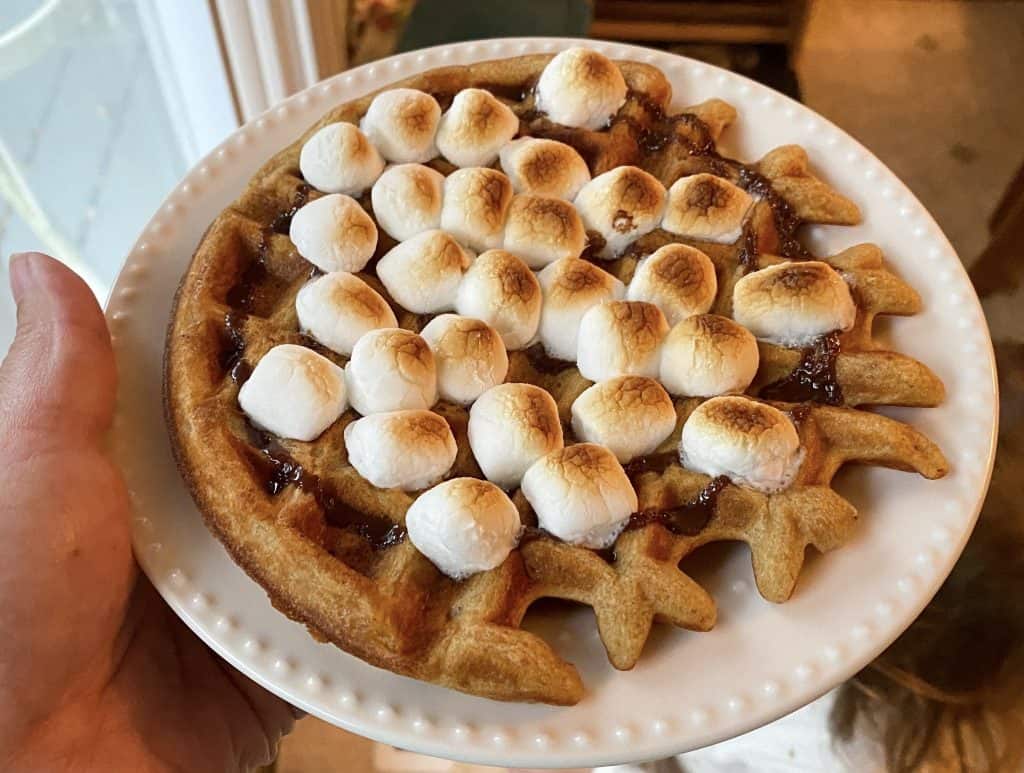 plate with a waffle on it topped with chocolate sauce and toasted mini marshmallows