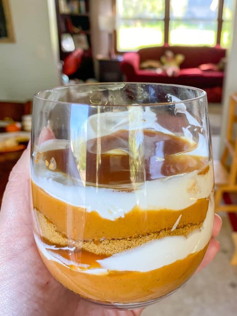 stemless glass showing the layers of the pumpkin parfait