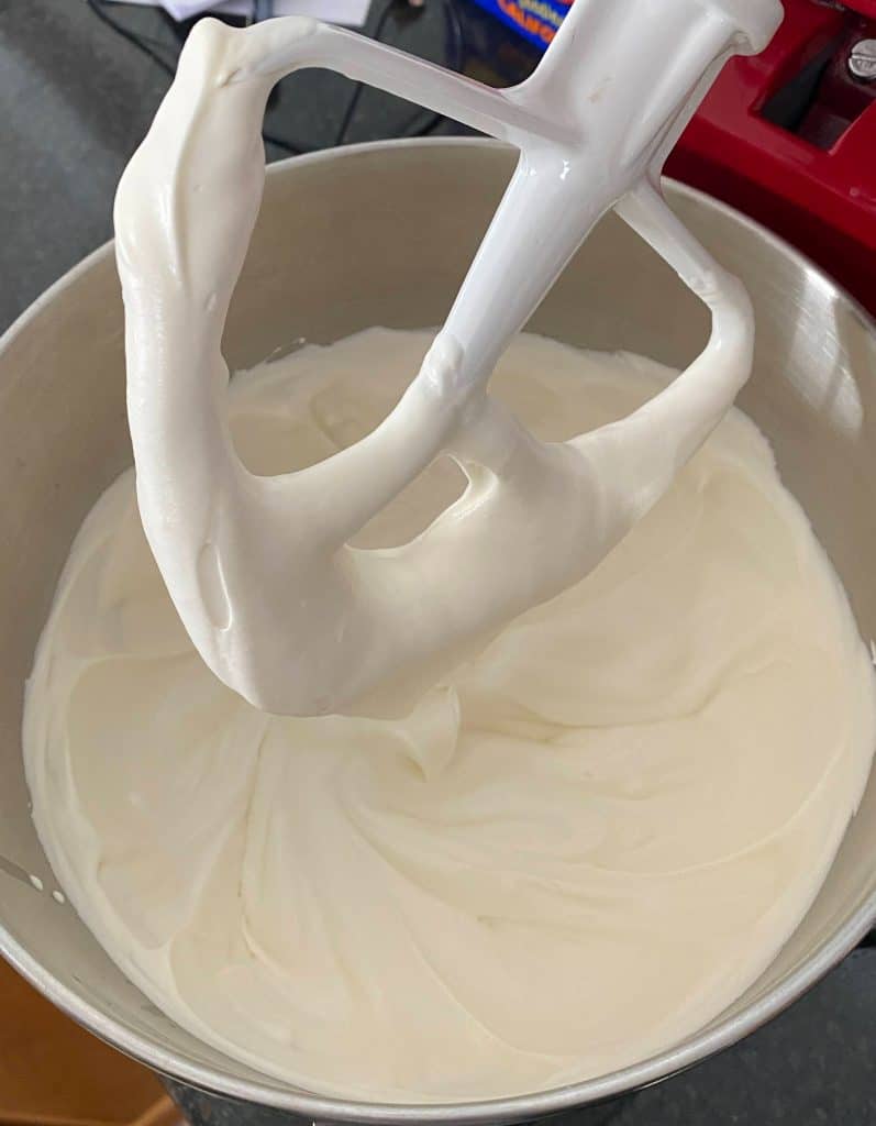 tiramisu cream in mixing bowl with beater