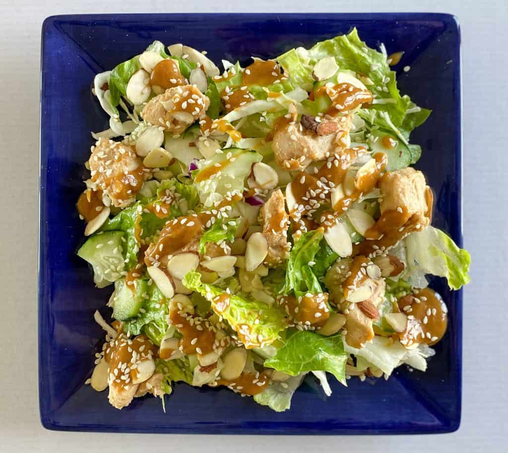 Asian Chicken Salad on a blue square plate