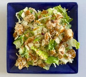 Asian Chicken Salad on a blue square plate