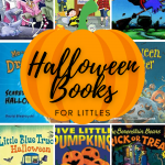 pin image of book covers and text "Halloween Books for Littles"