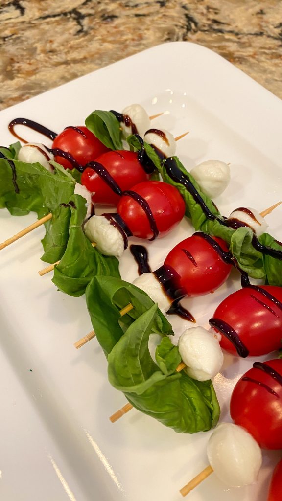 a close up of the completed skewers