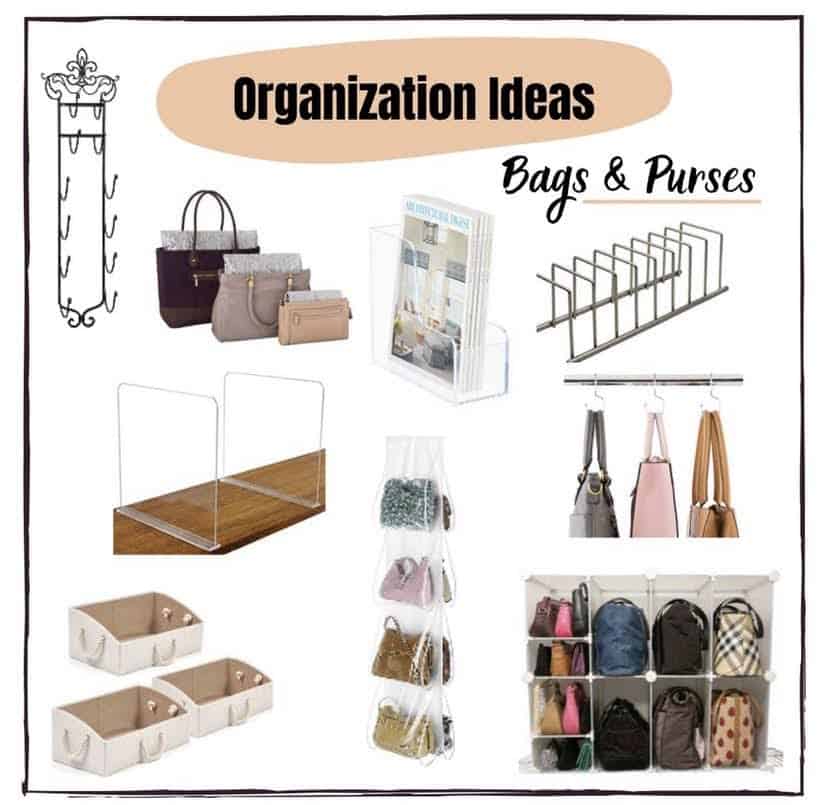 collage of organization ideas for bags and purses