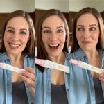 three different facial expressions excited about the positive pregnancy test