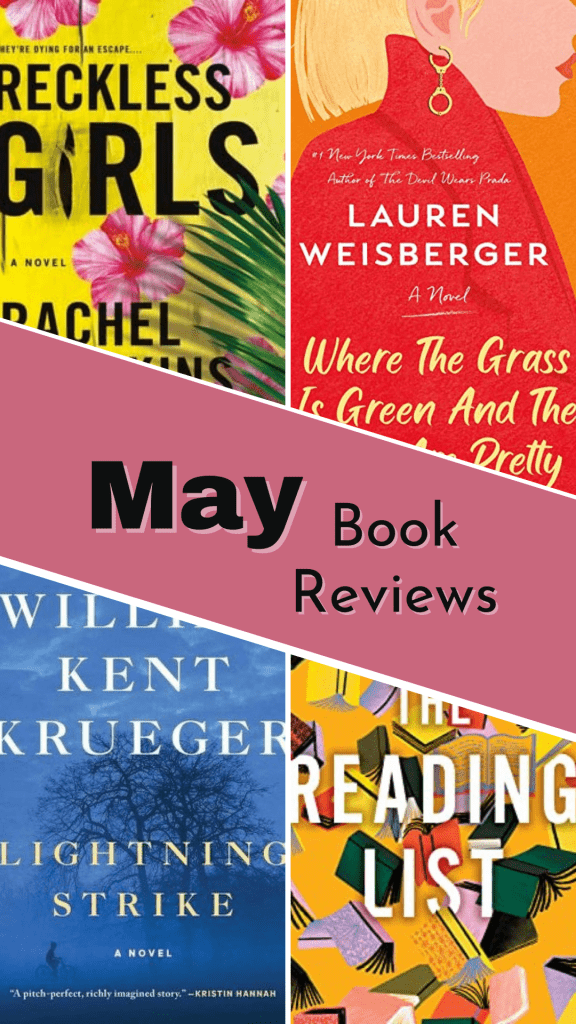 four book covers and text "May Book Reviews"