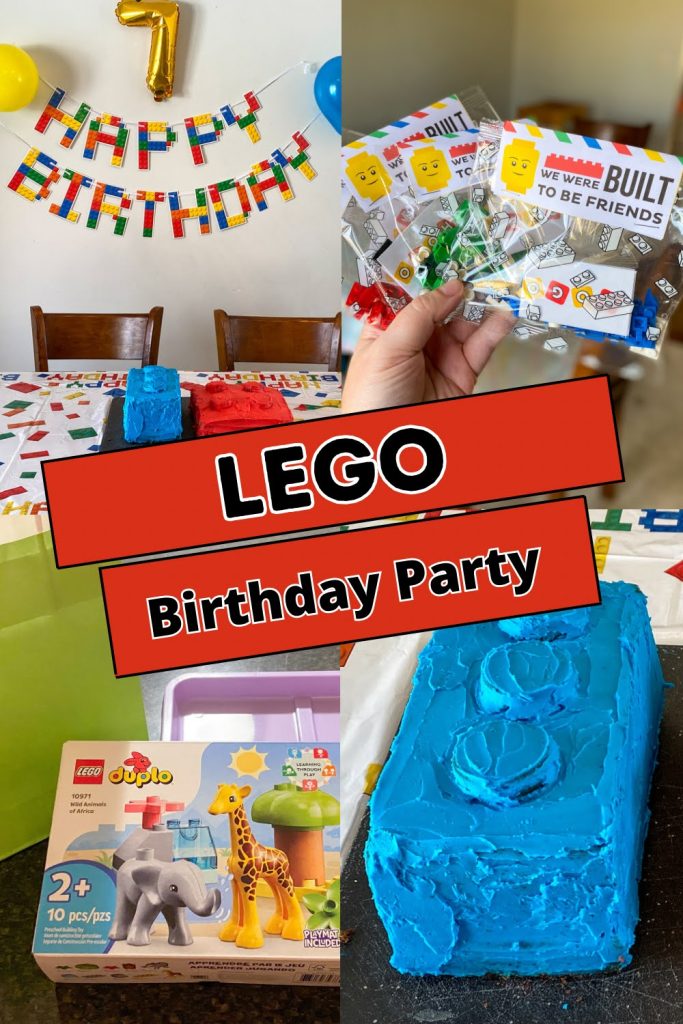 Lego birthday party pictures of simple decor, homemade cake, and favors