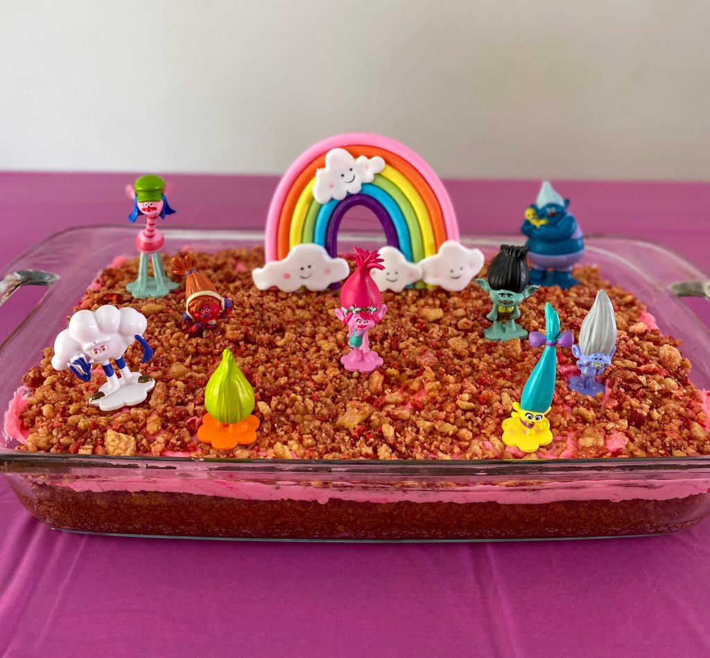 Trolls birthday cake with character figures