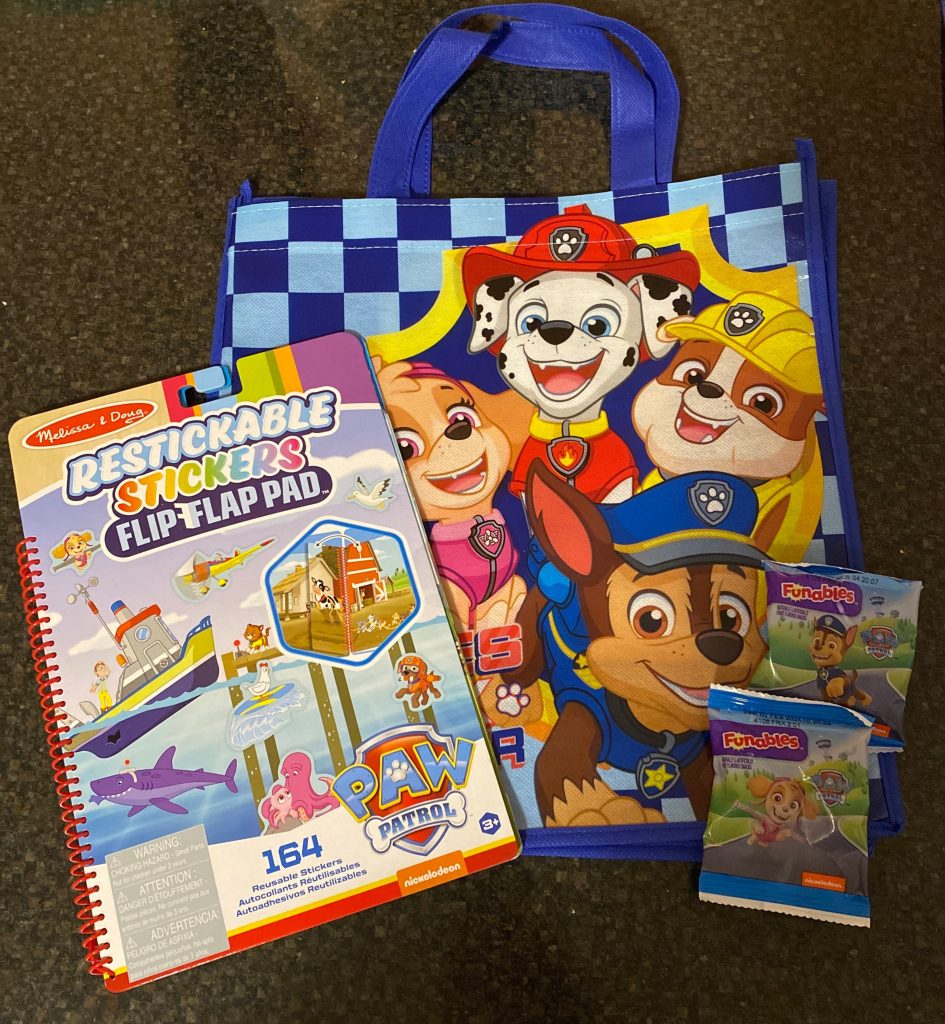 Paw Patrol bag, Paw Patrol reusable stickers pad, Paw Patrol fruit snacks