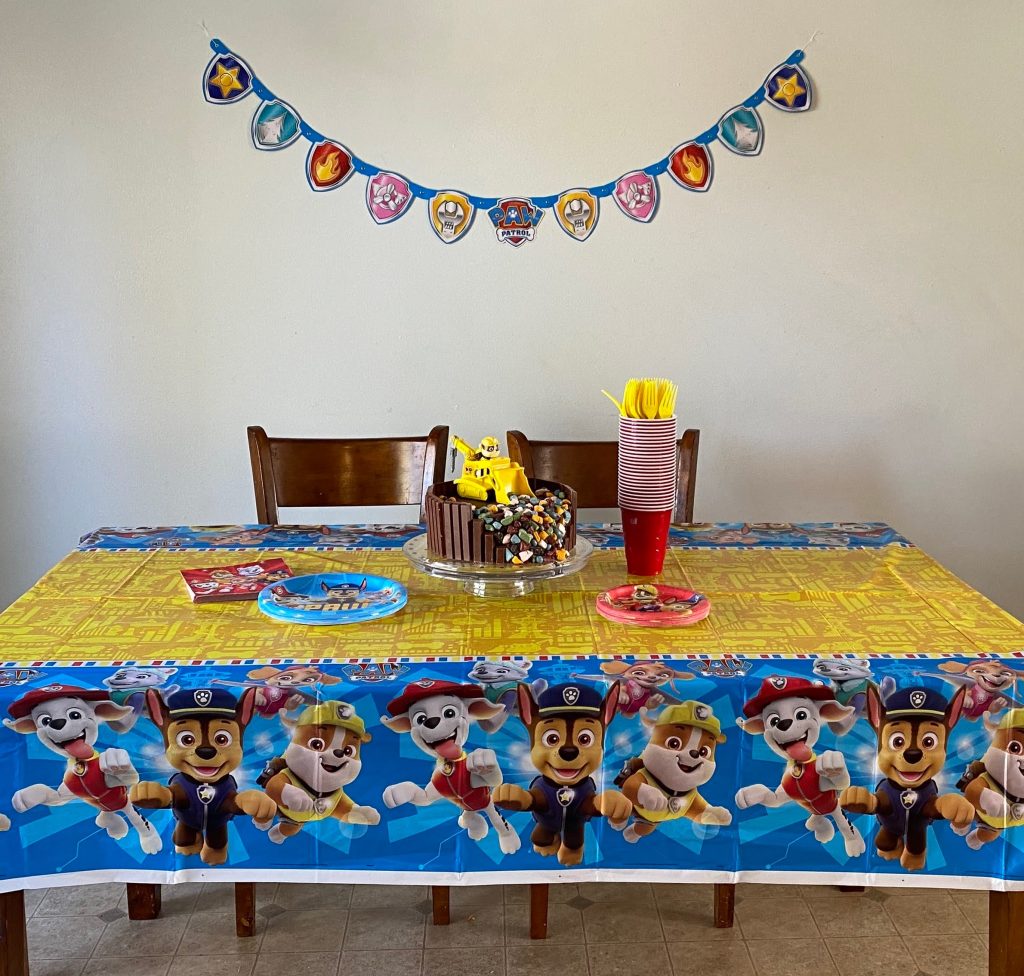 Paw Patrol birthday decorations; tablecloth, banner, plates, napkins, ,etc