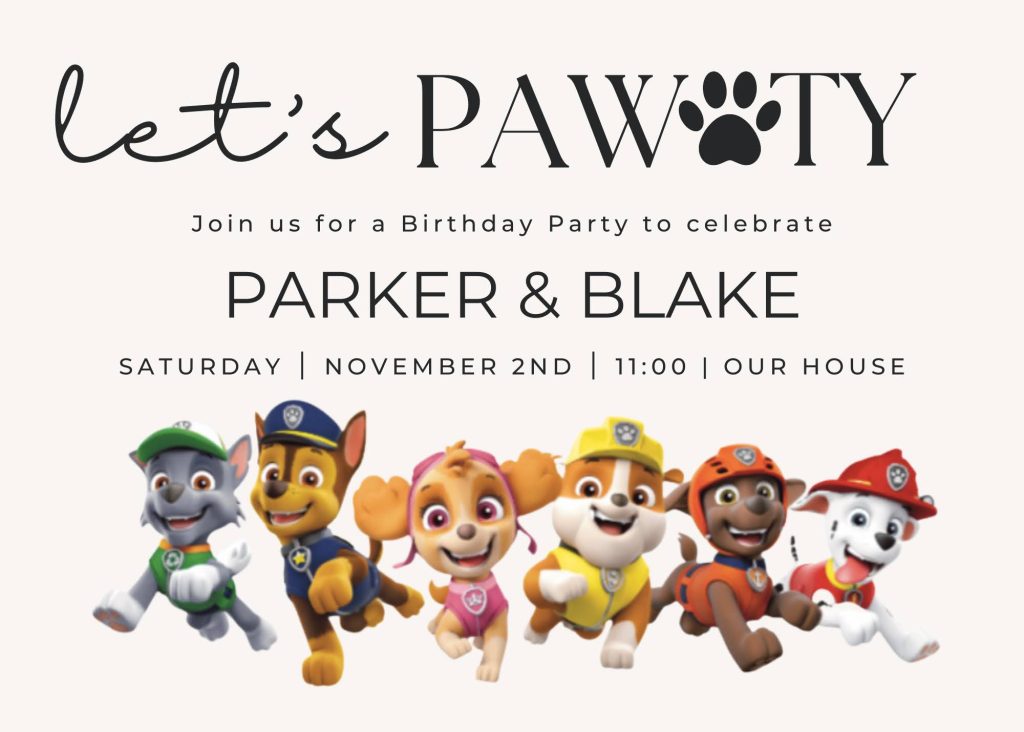 Paw Patrol Birthday Invitation with pictures of the pups and "Let's Pawty"