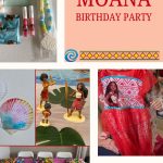 Moana Birthday party pictures of favor bag items, Moana nightgown, and Moana play figures