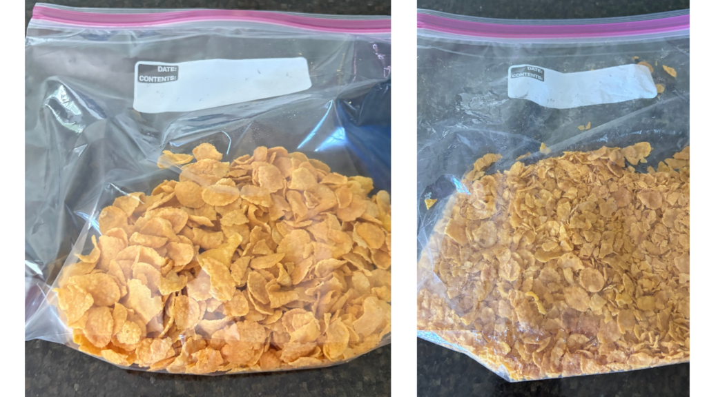 bags of corn flakes before and after crushing